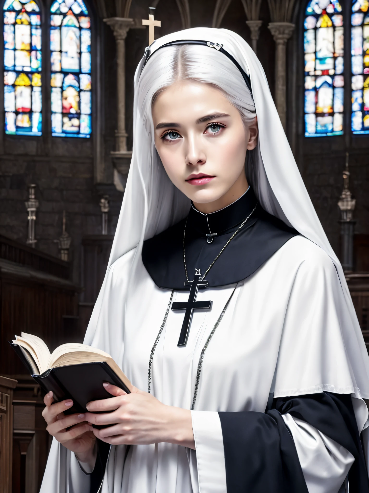 In a church, there is a nun with white hair holding a cross and a bible. She has realistic and detailed eyes.
(best quality, realistic:1.37), nun, cross, bible, white hair, church.