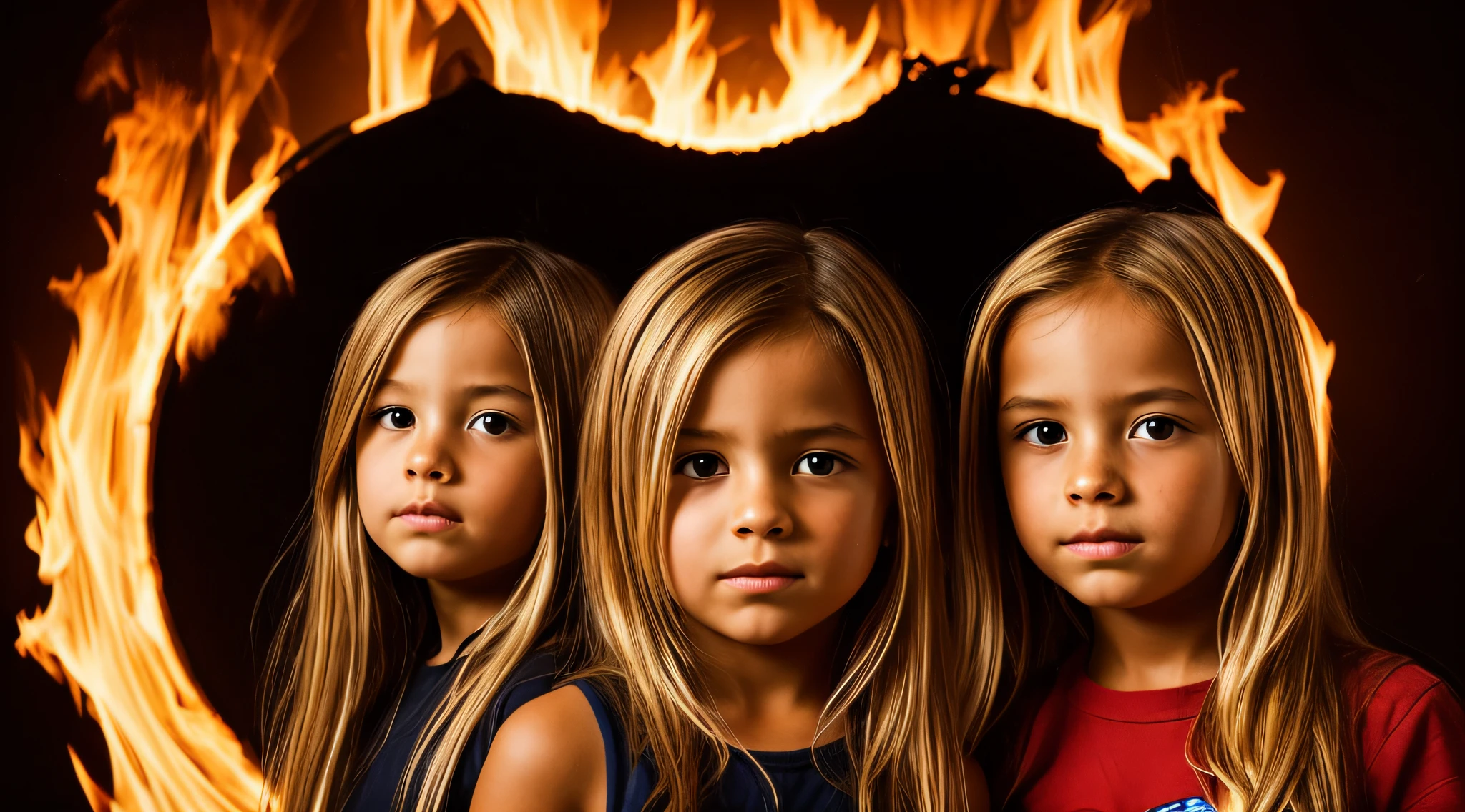 halo de fogo luminoso, there are two CHILDREN GIRLS WITH BLONDE HAIR in front of a ring of fire,