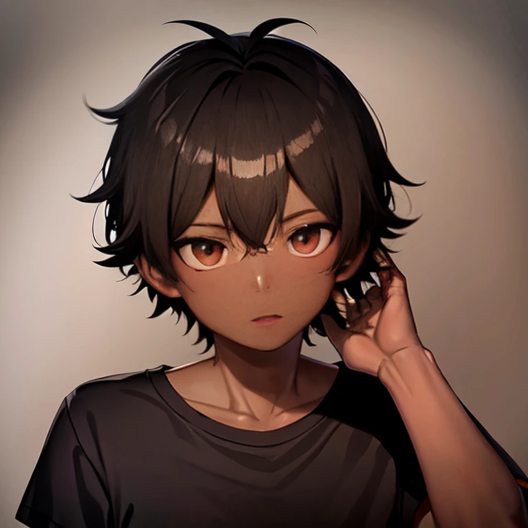 (anime),Dark-skinned boy, black shirt, (brown eyes),(Dark skin color), red shorts for dark tone, black gloves, (portrait),