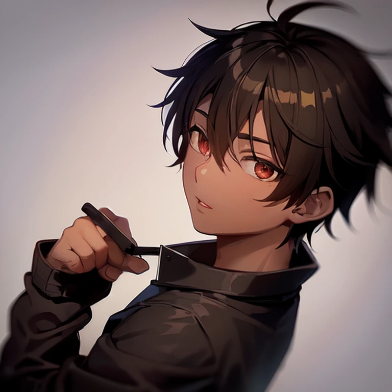 (anime),Dark-skinned boy, black shirt, (brown eyes),(Dark skin color), red shorts for dark tone, black gloves, (portrait),