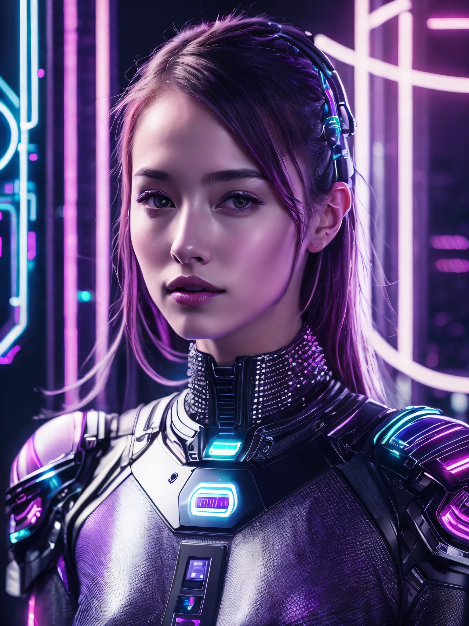 android,cybernetic implants,technological,sci-fi,futuristic,aesthetic,colorful lighting,magenta,purple,holographic effects,best quality,highres,ultra-detailed,realistic:1.37,portraits