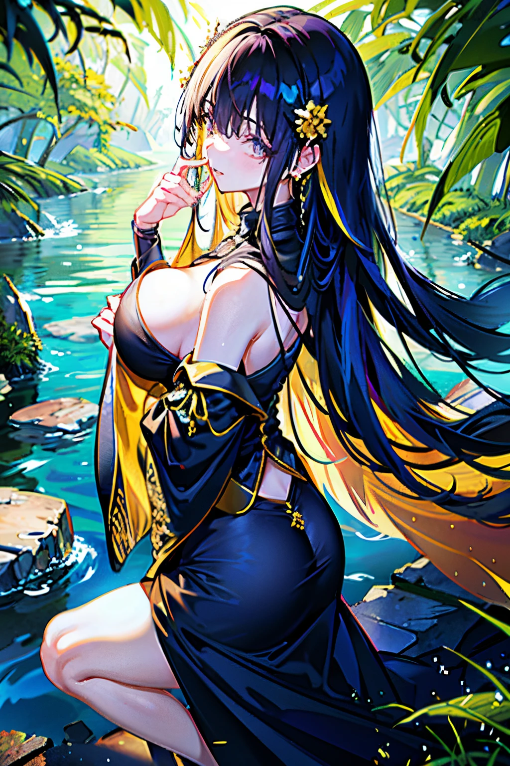 (best quality, detailed background, highres, absurdres, bloom, disheveled hair, shiny hair, exposed in lighting, bright pupils, dedicated detailed eyes),
1girl, , long hair, large_breasts, daytime, outdoors, forest, water, creeks,
hair_ornament, large_ass, big_hips, black hair, visible cameltoe, aroused, black and gold robes, black turtleneck, gold earrings