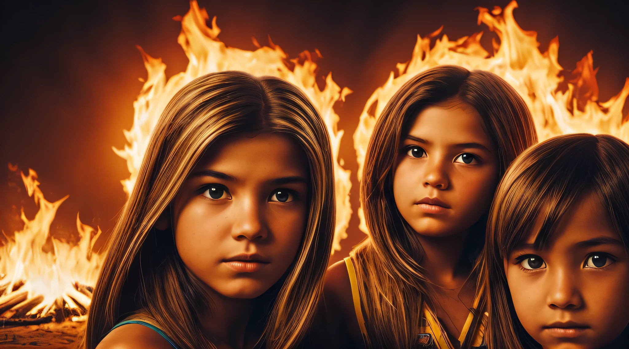 halo de fogo luminoso, there are two CHILDREN GIRLS WITH BLONDE HAIR in front of a ring of fire,