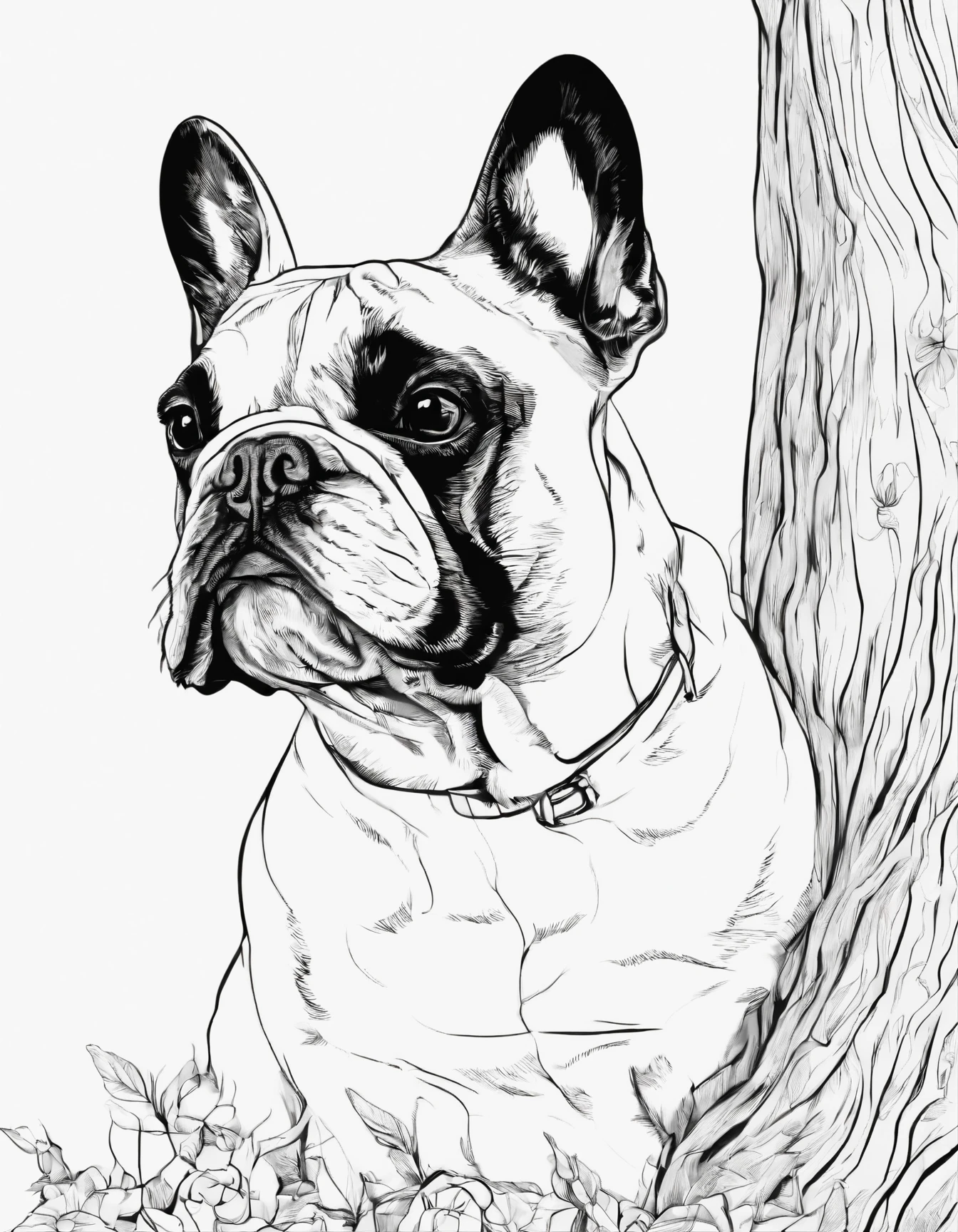 French Bulldog next to a tree, for coloring page, high quality, black and white, no shading