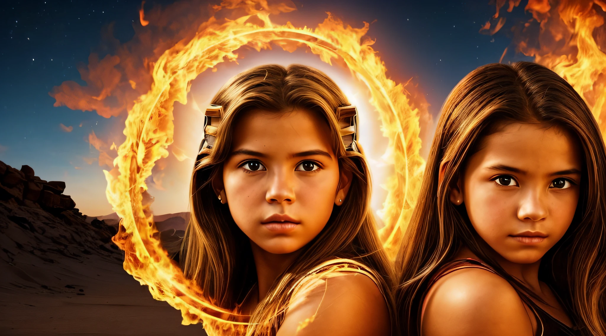 halo de fogo luminoso, there are two CHILDREN GIRLS WITH BLONDE HAIR in front of a ring of fire,