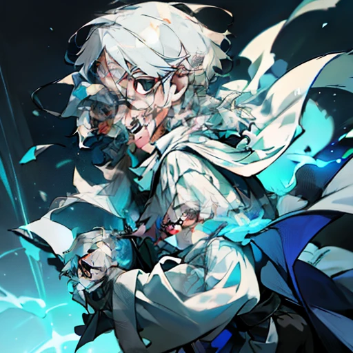 8k, super detail, smooth skin, high details, white and gray hair, white skin, {solo}, upper body ,{{ {looking at viewer}}}, one hand holding spell tome, other hand holding a pen, concept art, white background, pages floating in background, simple background, white hair, shiny hair , complex cloth, asymmetrical clothes, best quality, masterpiece, dynamic angle, cowboy_shot, looking_back, 20 year old male, wearing glasses, wearing cloak, wearing white robes, flowing clothes , short length hair, white hair, silver hair, flowing hair, grey eye, pale skin, coat, scarf, flowing scarf, large scarf, white shirt, black_shorts, grey Clothes, transparent_background, backlighting, absurdres, highres, ultra detailed,