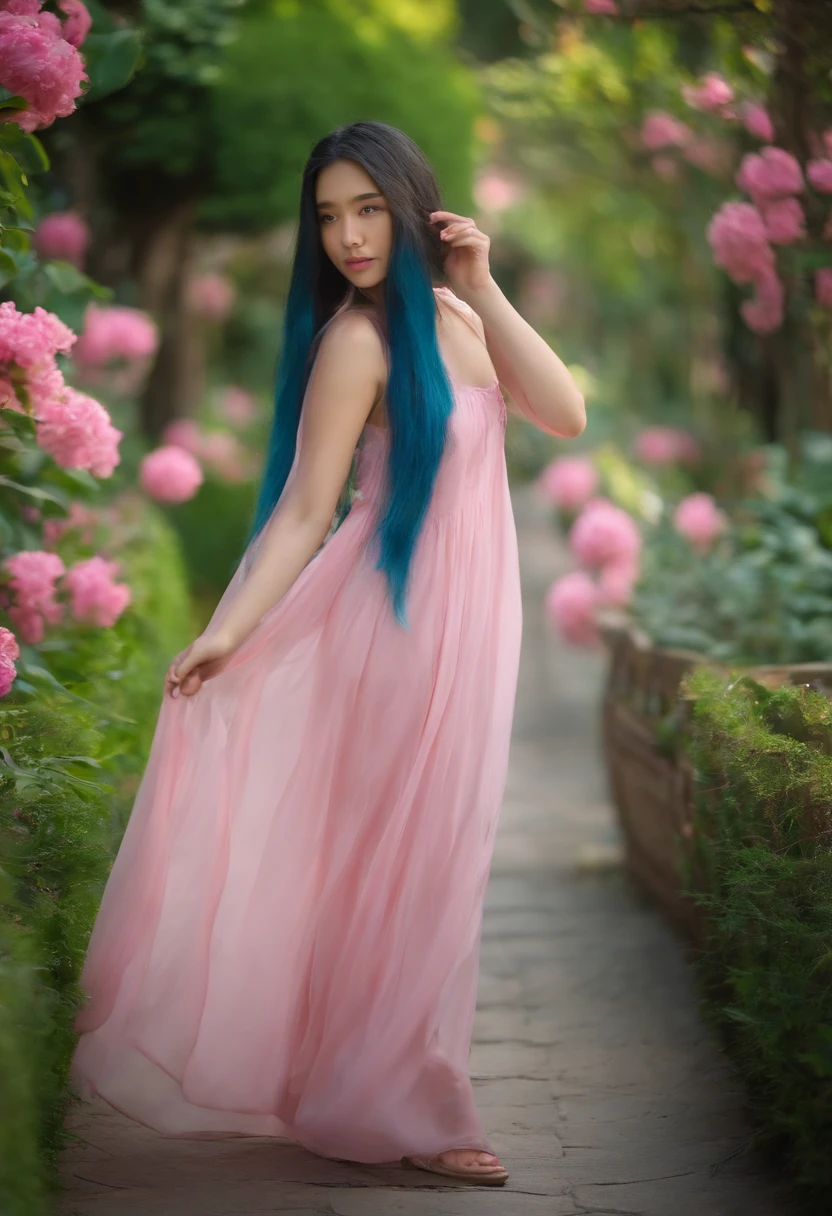 18 yo asia girl walks in a beautyful gaden she has long blue hair and green eyes and wears a sommer dress in pink