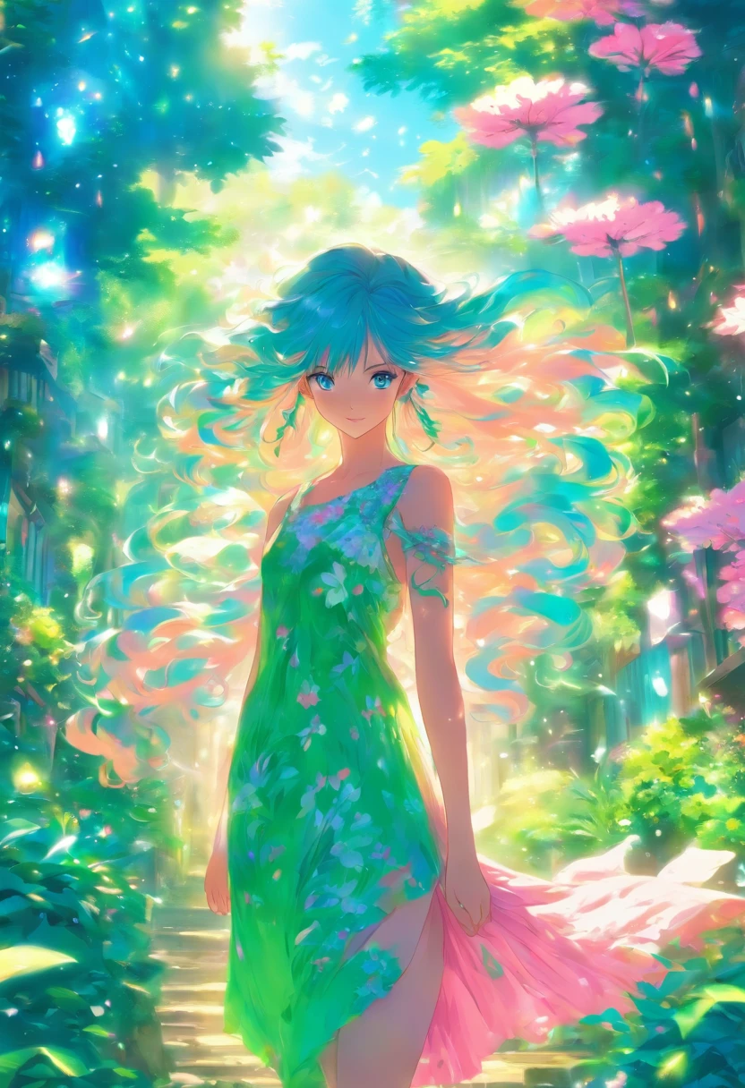 18 yo asia girl walks in a beautyful gaden she has long blue hair and green eyes and wears a sommer dress in pink