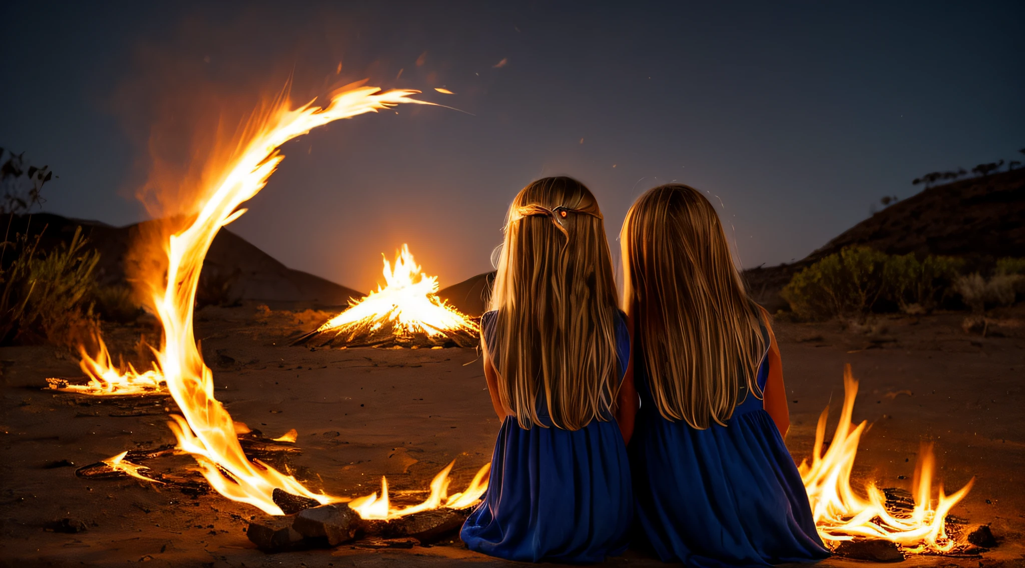 halo de fogo luminoso, there are two CHILDREN GIRLS WITH BLONDE HAIR in front of a ring of fire,
