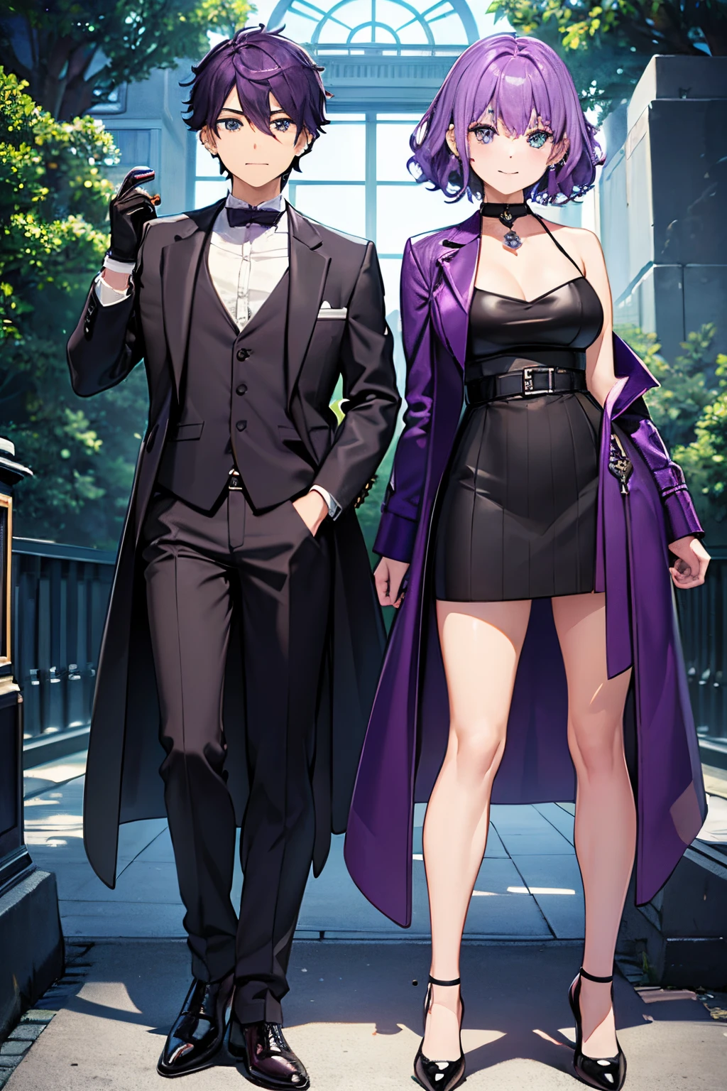 male people、soio、in her 20s、short perm hair、Purple hair color、green colored eyes、A refreshing smile、Purple suit、Casual Suit、gloves、Pendants、piercings、frontage、Standing Picture、full bodyesbian、Leather shoes、​masterpiece、top-quality、Photorealsitic、3D、dynamic ungle、