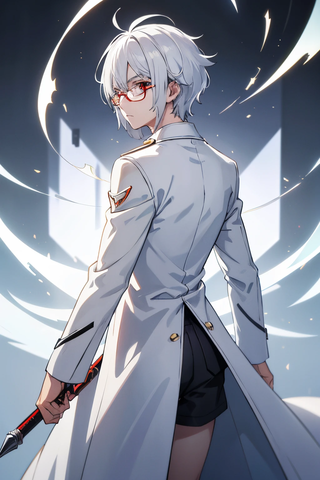 anime boy, teenager, looking me, pure white hair, serious, red eyes, wearing simple white coat, anime, messy hair, light brown skin, best shade, best quality, Volumetric, Beautiful Lighting, dynamic pose, 8k --v 48k, super detail, high details, white and gray hair, white skin, {solo}, upper body ,{{ {looking at viewer}}}, one hand holding spell tome, other hand holding a pen, concept art, white background, pages floating in background, simple background, white hair, shiny hair , complex cloth, asymmetrical clothes, best quality, masterpiece, dynamic angle, cowboy_shot, looking_back, 20 year old male, wearing glasses, wearing cloak, wearing white robes, flowing clothes , short length hair, white hair, silver hair, flowing hair, grey eye, pale skin, coat, white shirt, black_shorts, grey Clothes, transparent_background, backlighting, absurdres, highres, ultra detailed,
