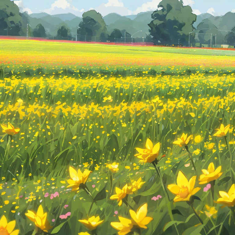 Vibrant field with blooming flowers and buzzing bees