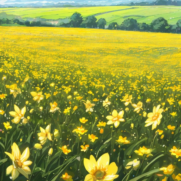 Vibrant field with blooming flowers and buzzing bees