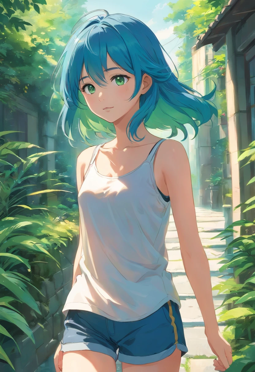 18 yo asia girl walks in a beautyful gaden she has long blue hair and green eyes tank top and shorts