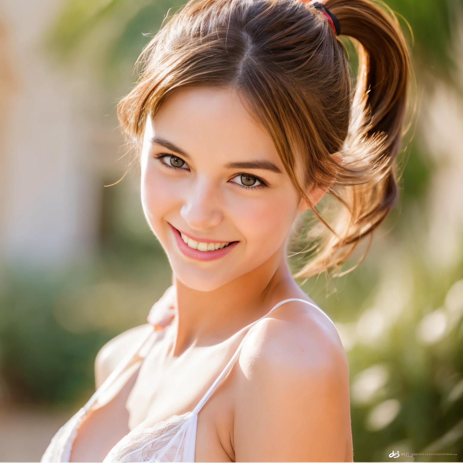 (front focus), Hyperrealist,1 pretty girl,white skinned,brown hair,looking at viewer, beautiful small chest, France, pony tail, happy smile, sports, pulling, dynamic, in love, joyful, singing, coconut, artist, aesthetic, tapping, lavender, sexy pose red lingerie, Victoria's secret, princess, 18yo, skin care