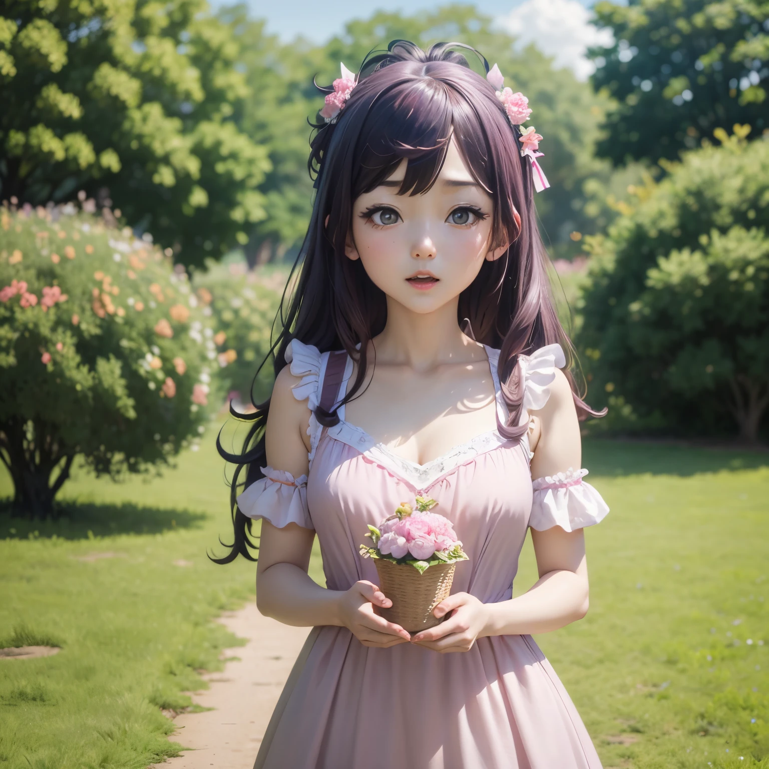 Live-action、a beauty girl、kawaii、She is wearing a frilly idol-like dress.、Facial expressions that captivate viewers、Buriko、The background is a park、​masterpiece、perfect-composition、Perfect depiction、８Ｋ
