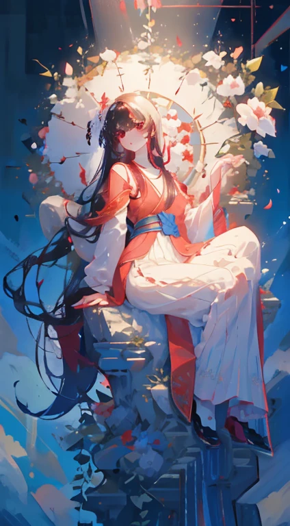 (tmasterpiece),red color Hanfu,sweetheart,Lateral face,beautiful long black hair,There is a red flower in his hair, There is a butterfly on my fingertips