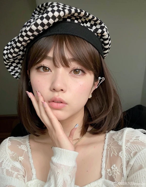 Mujer con sombrero y camisa blanca posando para una foto, ulzzang, maquillaje popular de Corea del Sur, maquillaje coreano popular, auburn hair with bangs, Peinado blanco de corte hime, brown hair and bangs, Chica coreana, Cabello limpio con flequillo, brown bangs, Joven y adorable rostro coreano, con flequillo, Retrato realista kawaii, con pelo corto con flequillo