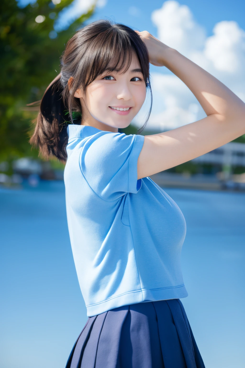 1girl,solo,yukinoshita yukino,school uniform,smile,large breasts,looking at viewer,arm behind back,blue theme,blue background,cloudy sky, sunlight, sweat,ograsm,