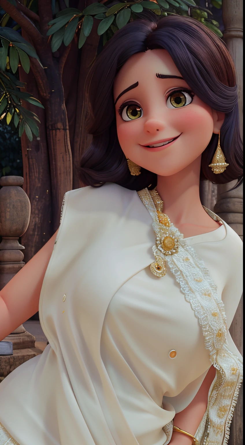 a close up of a woman in a white sari posing for a picture, with lovely look, candid picture, with a beautifull smile, lovely smile, with a seductive smile, candid photo, candid photograph, with a happy expression, assamese aesthetic, traditional beauty, beautiful and smiling, with an elegant smile, wearing bihu dress mekhela sador