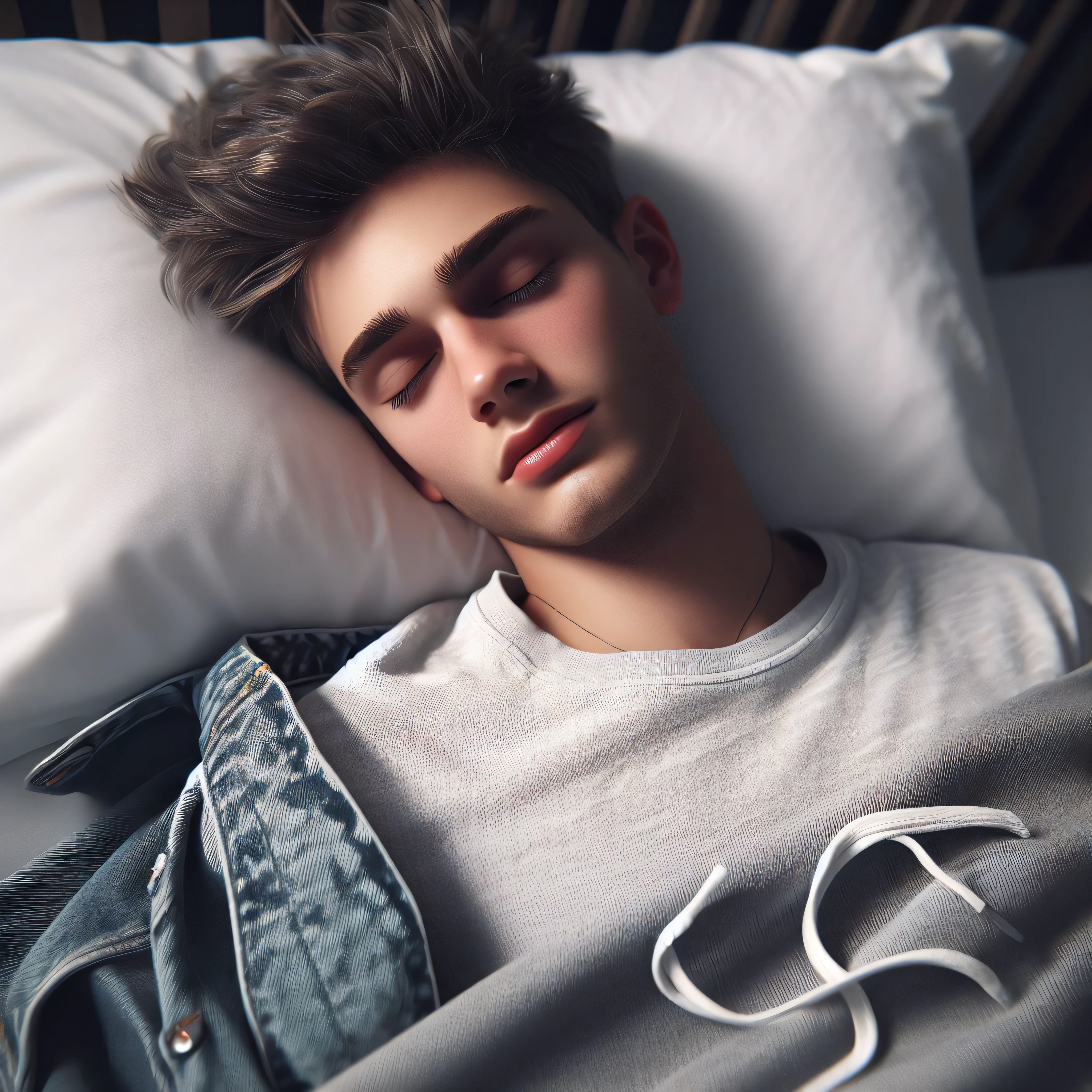 Hombre arafed durmiendo en la cama con auriculares en el cuello., Cara de modelo de moda somnolienta, ojos somnolientos, Durmiente, Acostado en la cama, acostado en la cama, Joven lindo, feeling sleepy, Declan McKenna, sleepy expression, Inconsciente, Acostado en la cama,se muestra la habitacion , somnoliento, listen to music at 2 am, .. Si tan solo pudiera dormir, inspired by Kristian Kreković