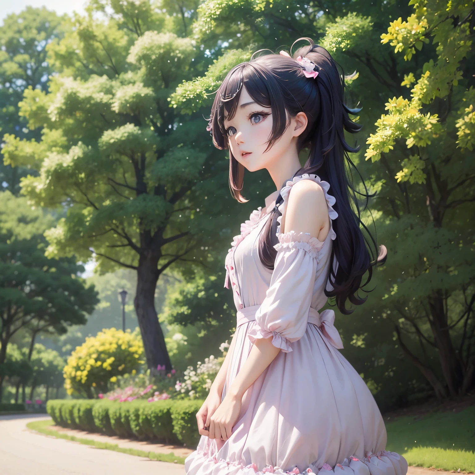Live-action、a beauty girl、kawaii、She is wearing a frilly idol-like dress.、Facial expressions that captivate viewers、Buriko、The background is a park、​masterpiece、perfect-composition、Perfect depiction、８Ｋ
