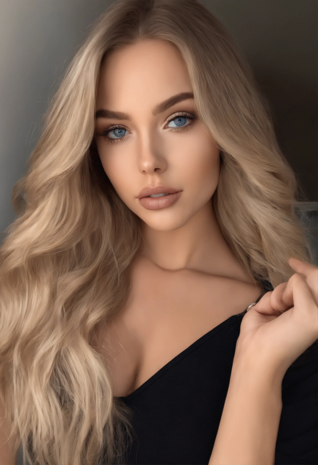 arafed woman fully , sexy girl with blue eyes, ultra realistic, meticulously detailed, portrait sophie mudd, blonde hair and large eyes, selfie of a young woman, bedroom eyes, violet myers, without makeup, natural makeup, looking directly at the camera, face with artgram, subtle makeup, stunning full body shot standing outside a large USA modern house, large hips, very large bust, wearing casual outfit, white mercedes c-class on the driveway