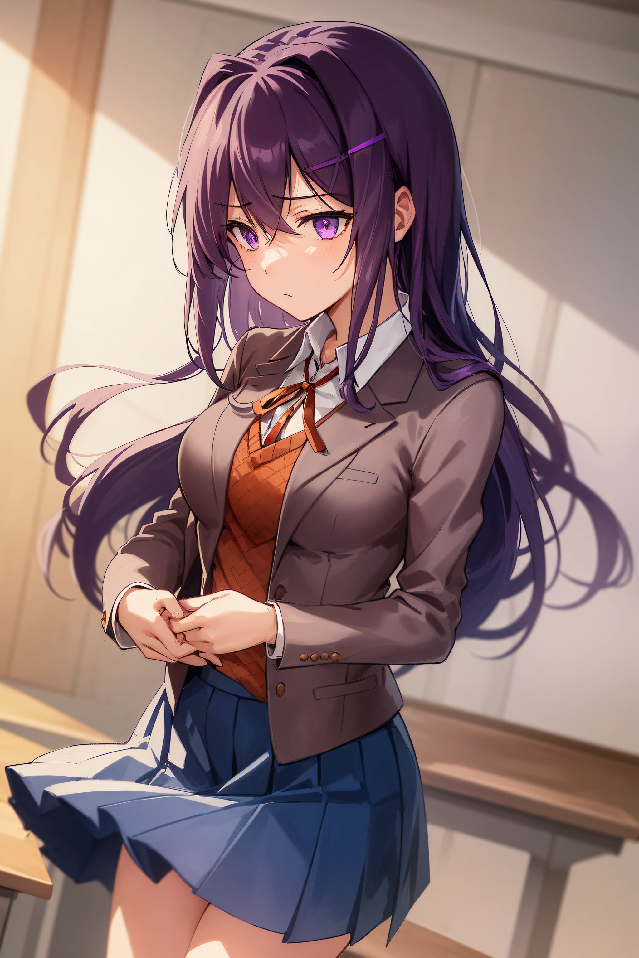 2d, masterpiece, best quality, anime, highly detailed, cowboy shot, 1girl, solo, yuri, purple eyes, purple hair, long hair, hairclip, [[large breasts]], school uniform, blazer, brown sweater, collared shirt, neck ribbon, blue skirt, standing, own hands together, expressionless, classroom