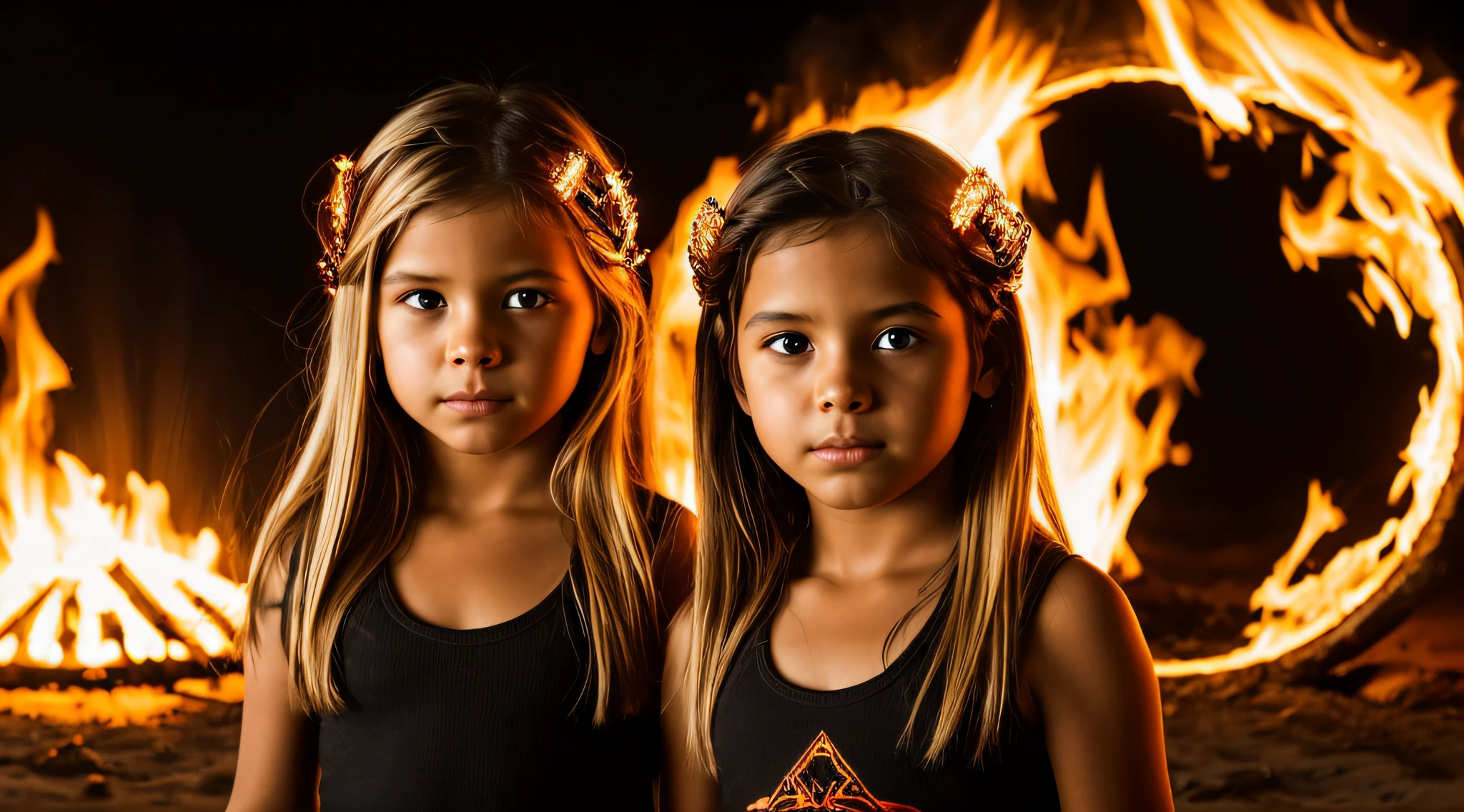 halo de fogo luminoso, there are two CHILDREN GIRLS WITH BLONDE HAIR in front of a ring of fire,