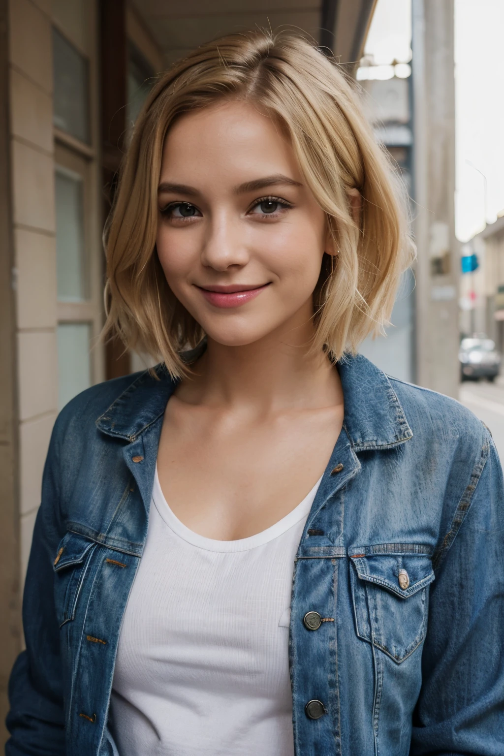 realism, blonde, cute, petite, bob hair, smile,best quality,no bra,Jacket,jeans,
