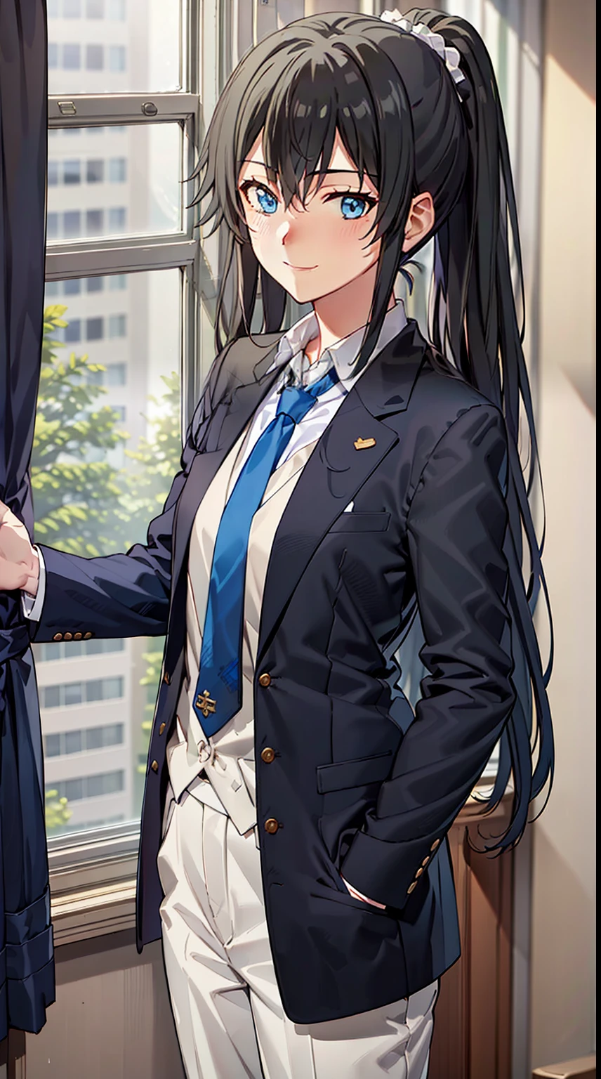 Yukinoshita Yukino wears a tuxedo coat, 1girl, Snafu anime, Female Butler, Elegant blue evening tie, collared shirt, bloomers, Black tail coat, Detailed background of the room, eyes blue, closed mouth, Smileing, A very sexy girl in a suit and tie is standing by the window, 1girl, 独奏, necktie, Black hair, eyes blue, long  hair, smile, jacket, looking at the scenes, shirt, bloomers, blue necktie, collared shirt, white pants, white shirt, indoors, explosions, long-sleeved, closed mouth, window, black jacket, blush, cowboy shot, ceremonial, Yukinoshita Yukino suit, A woman in a black suit and blue tie is standing next to the windowsill, 1girl, 独奏, necktie, eyes blue, jacket, indoors, Black hair, smile, shirt, ponytail, bloomers, looking at the scenes, collared shirt, curtains, blue necktie, hand in pocket, window, black jacket, closed mouth, blush, ahoge, open vest, black trousers, explosions, white shirt, ceremonial, long  hair, suit, long-sleeved, Open clothes Yukinoshita Yukino, A woman in a black suit and blue tie is standing next to the windowsill, 1girl, 独奏, necktie, eyes blue, jacket, indoors, Black hair, smile, shirt, ponytail, bloomers, looking at the scenes, collared shirt, curtains, blue necktie, hand in pocket, window, black jacket, closed mouth, blush, ahoge, open vest, black trousers, explosions, white shirt, ceremonial, long  hair, suit, long-sleeved, A uniformed woman stands in a large gap in the room, 1girl, 独奏, necktie, Black hair, eyes blue, long  hair, smile, jacket, looking at the scenes, shirt, bloomers, blue necktie, collared shirt, white pants, white shirt, indoors, explosions, long-sleeved, closed mouth, window, black jacket, blush, cowboy shot, ceremonial, Suit Yukinoshita Yukino wears a tuxedo coat, 1girl, Snafu anime, Female Butler, Elegant blue evening tie, collared shirt, bloomers, Black tail coat, Detailed background of the room, eyes blue, closed mouth, Smileing(, blazer, tie, bloomers:1.2)