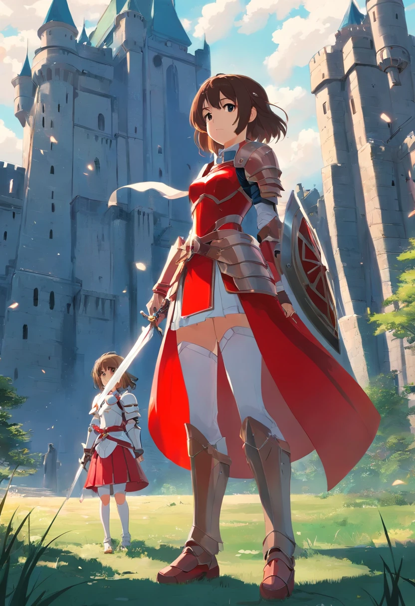 1 girl in red armour in her hand a longsword and a shield next a girl with white armour and a big Bow looking on a castle