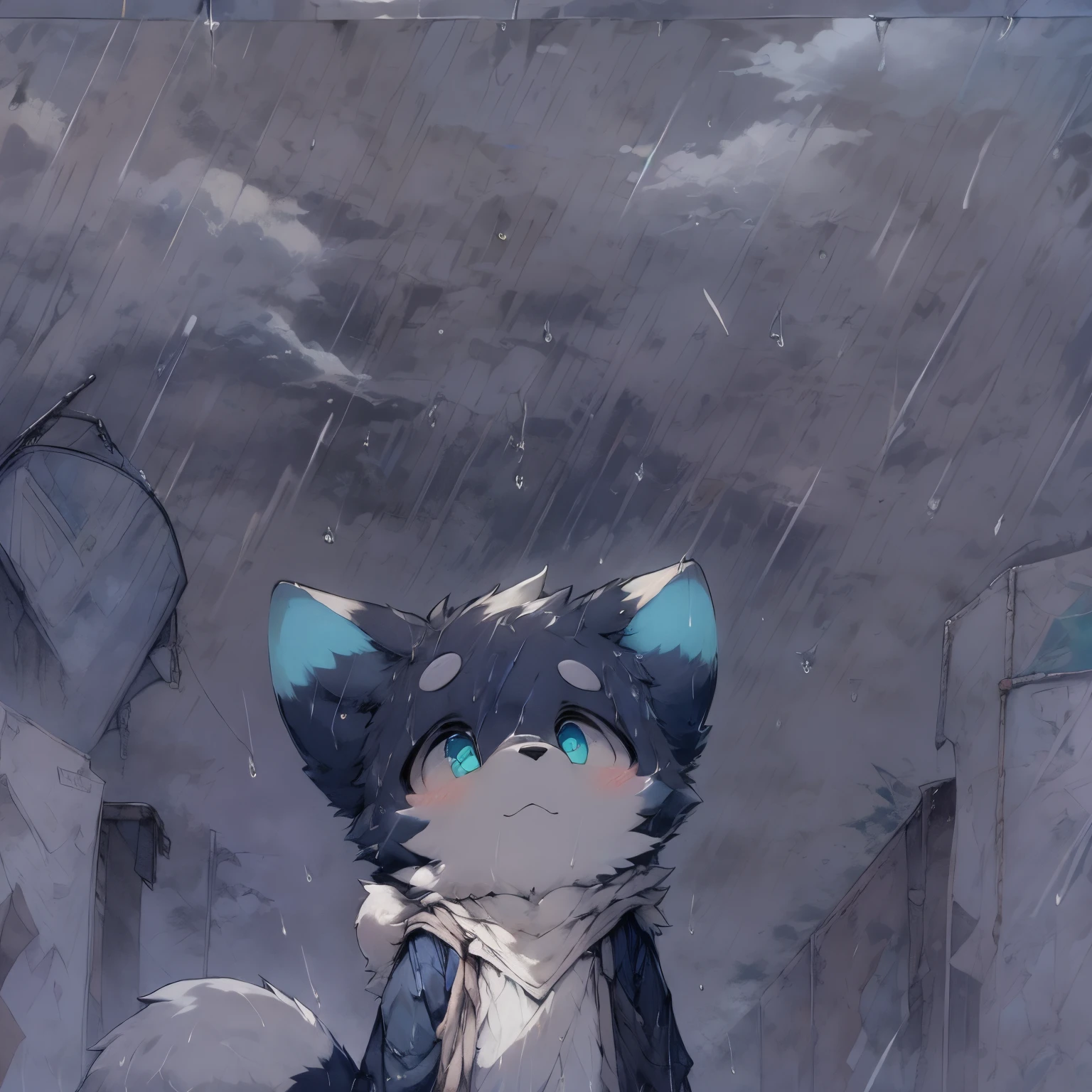 Cute.Fluffy.it is raining. Looking Up The Sky.boy.eBlue eyes.man