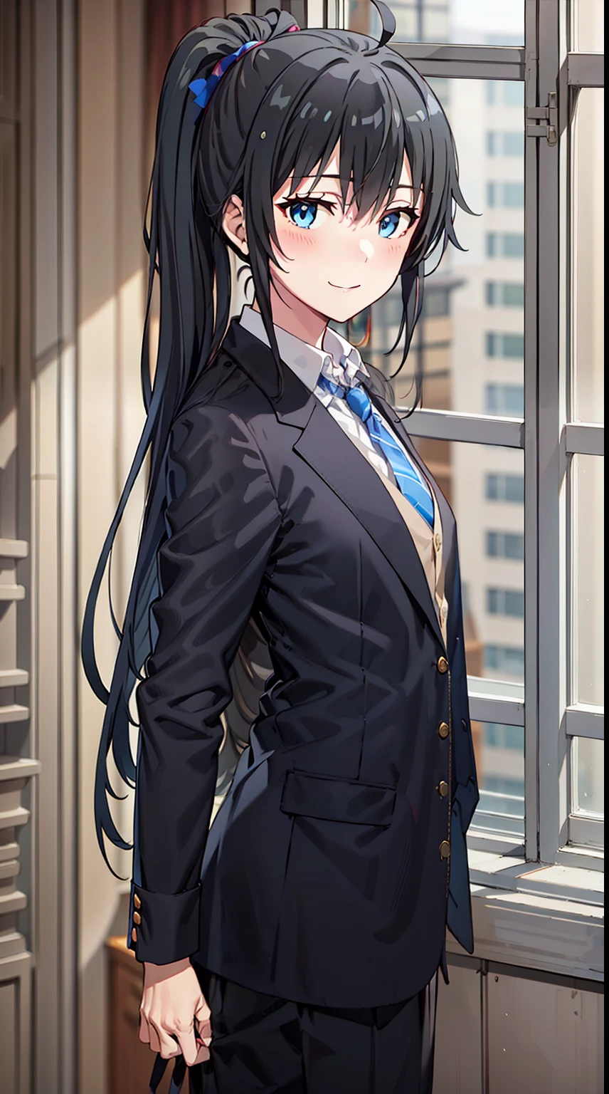 Yukinoshita Yukino wears a tuxedo coat, 1girl, Snafu anime, Female Butler, Elegant blue evening tie, collared shirt, bloomers, Black tail coat, Detailed background of the room, eyes blue, closed mouth, Smileing, A very sexy girl in a suit and tie is standing by the window, 1girl, 独奏, necktie, Black hair, eyes blue, long  hair, smile, jacket, looking at the scenes, shirt, bloomers, blue necktie, collared shirt, white pants, white shirt, indoors, explosions, long-sleeved, closed mouth, window, black jacket, blush, cowboy shot, ceremonial, Yukinoshita Yukino suit, A woman in a black suit and blue tie is standing next to the windowsill, 1girl, 独奏, necktie, eyes blue, jacket, indoors, Black hair, smile, shirt, ponytail, bloomers, looking at the scenes, collared shirt, curtains, blue necktie, hand in pocket, window, black jacket, closed mouth, blush, ahoge, open vest, black trousers, explosions, white shirt, ceremonial, long  hair, suit, long-sleeved, Open clothes Yukinoshita Yukino, A woman in a black suit and blue tie is standing next to the windowsill, 1girl, 独奏, necktie, eyes blue, jacket, indoors, Black hair, smile, shirt, ponytail, bloomers, looking at the scenes, collared shirt, curtains, blue necktie, hand in pocket, window, black jacket, closed mouth, blush, ahoge, open vest, black trousers, explosions, white shirt, ceremonial, long  hair, suit, long-sleeved, A uniformed woman stands in a large gap in the room, 1girl, 独奏, necktie, Black hair, eyes blue, long  hair, smile, jacket, looking at the scenes, shirt, bloomers, blue necktie, collared shirt, white pants, white shirt, indoors, explosions, long-sleeved, closed mouth, window, black jacket, blush, cowboy shot, ceremonial, Suit Yukinoshita Yukino wears a tuxedo coat, 1girl, Snafu anime, Female Butler, Elegant blue evening tie, collared shirt, bloomers, Black tail coat, Detailed background of the room, eyes blue, closed mouth, Smileing(, blazer, tie, bloomers:1.2)