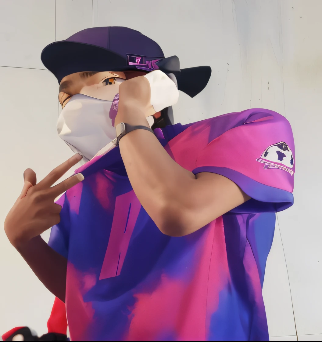 there is a boy wearing a PSG football team shirt with pink and purple tones, a black cap turned backwards, he is turned slightly to the side, covering your face with your left hand and making a V sign with your right hand. Ciberpunk futurista, GTA V art concept, sci fi, futebol art concept