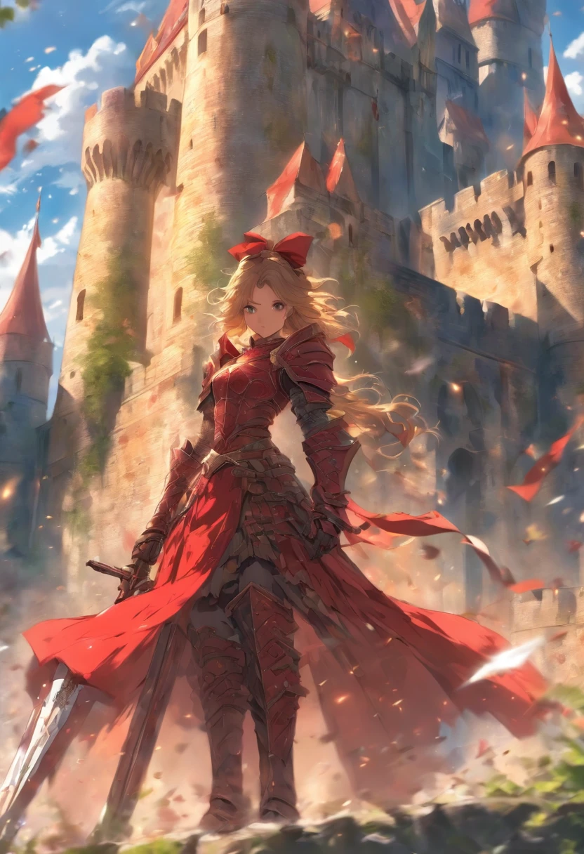 1 girl in red armour in her hand a longsword and a shield next a girl with white armour and a big Bow looking on a castle