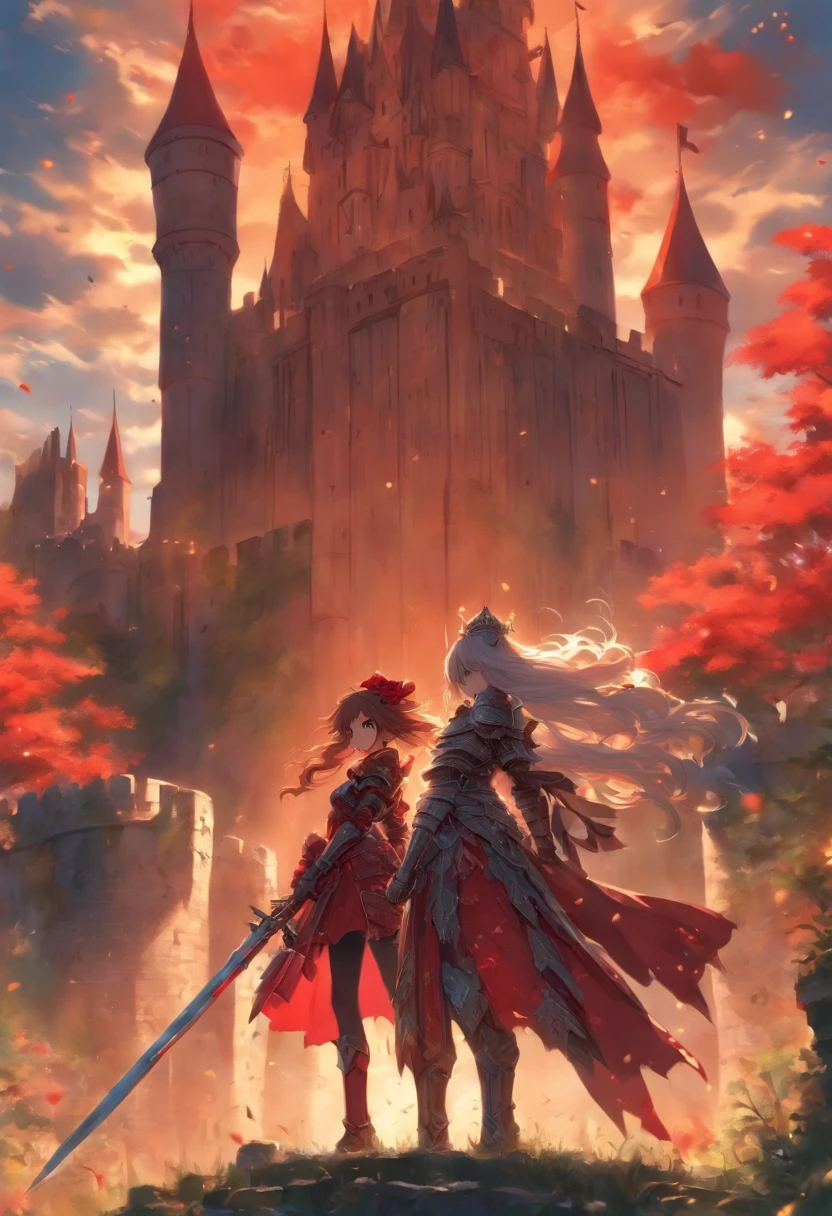 1 girl in red armour in her hand a longsword and a shield next a girl with white armour and a big Bow looking on a castle