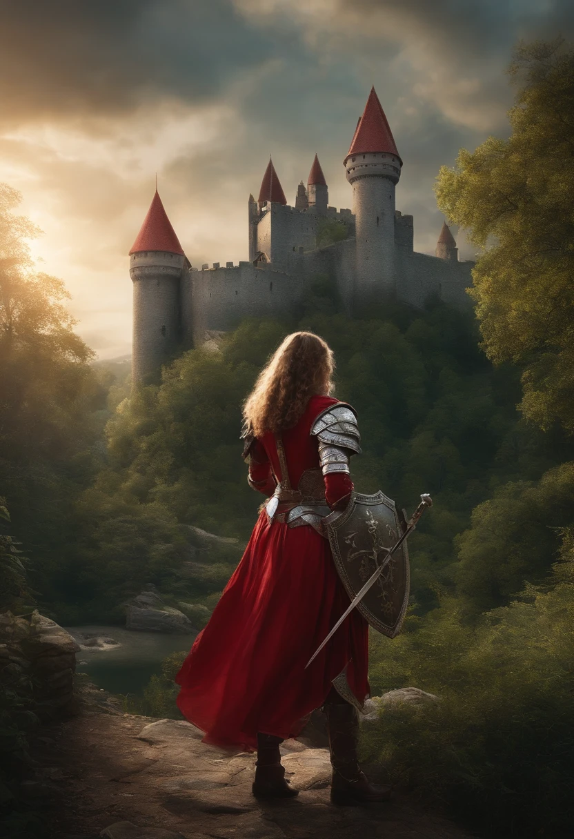 1 girl in red armour in her hand a longsword and a shield next a girl with white armour and a big Bow looking on a castle