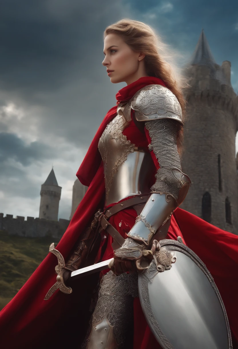 1 girl in red armour in her hand a longsword and a shield next a girl with white armour and a big Bow looking on a castle