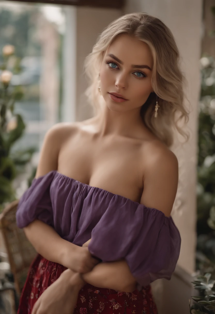 arafed woman fully , sexy girl with blue eyes, ultra realistic, meticulously detailed, portrait sophie mudd, blonde hair and large eyes, selfie of a young woman, bedroom eyes, violet myers, without makeup, natural makeup, looking directly at the camera, face with artgram, subtle makeup, stunning full body shot standing outside a mcdonalds, large hips, very large bust, wearing a red dress