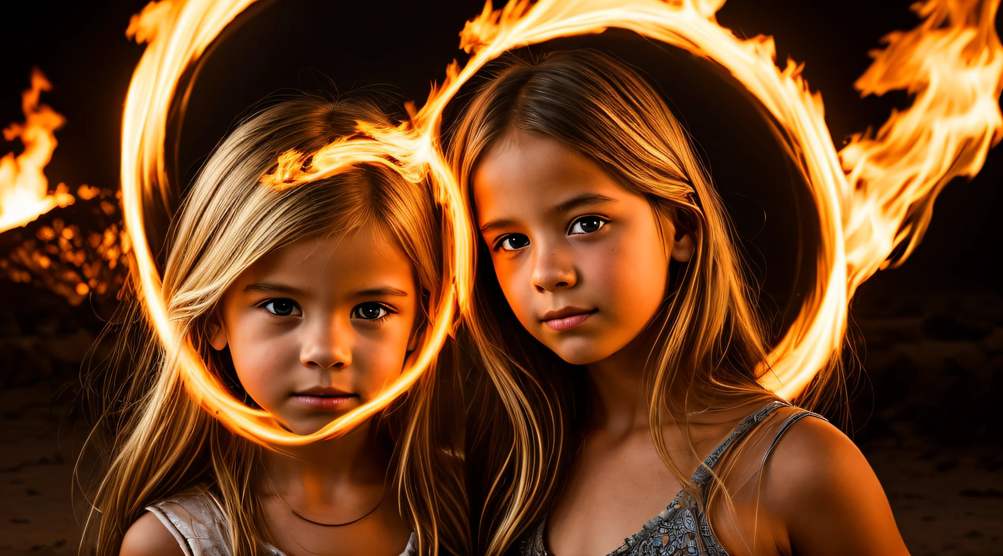 halo de fogo luminoso, there are two CHILDREN girls BLONDE HAIR in front of a ring of fire,