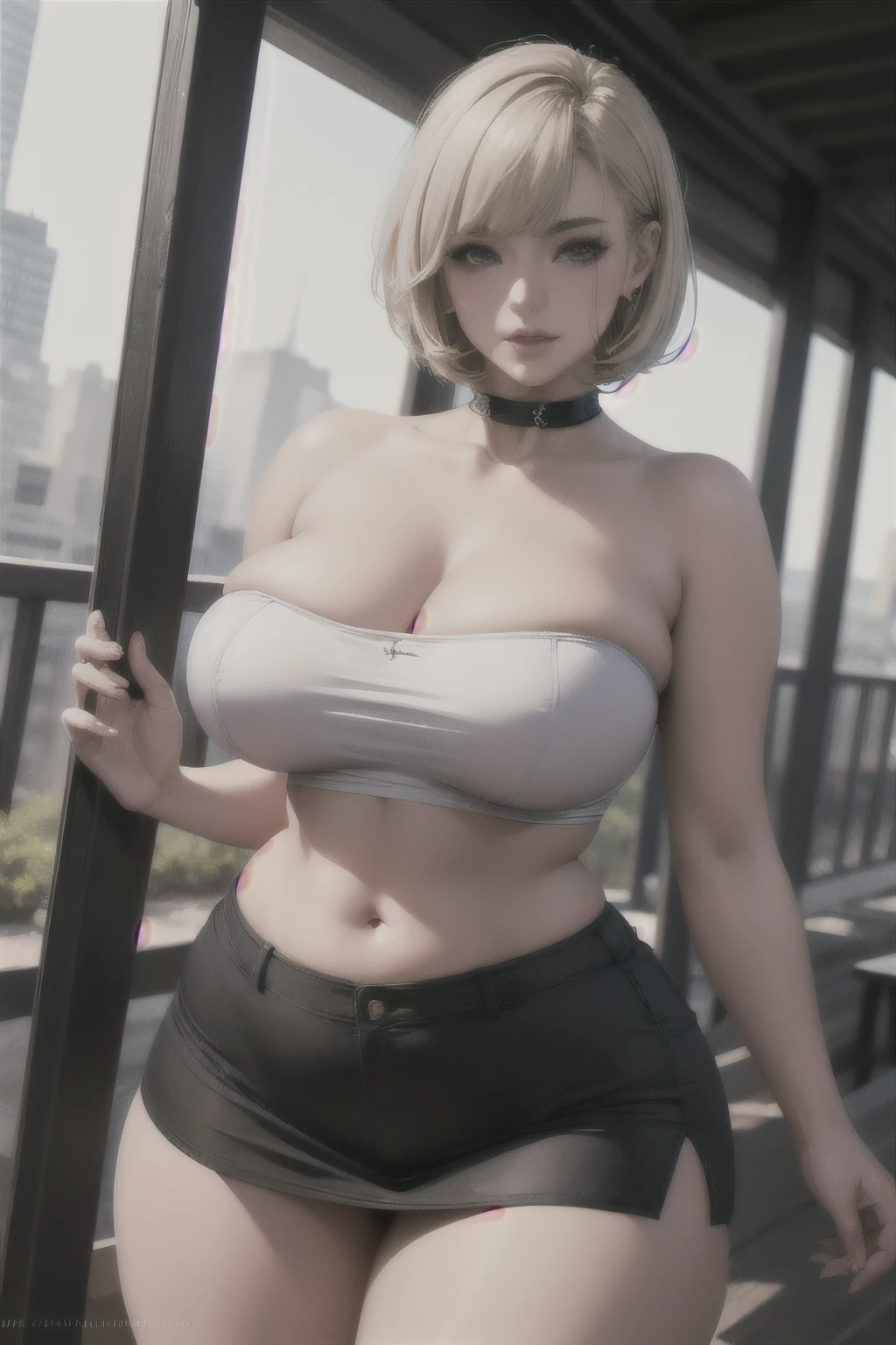 photography of a 20yo woman, perfect face, masterpiece, tube top, loose mini skirt, hyper realistic, hyper anime, wide hips, hip dip, thick thighs, thicc, blonde pixie cut, side bang, ample breast