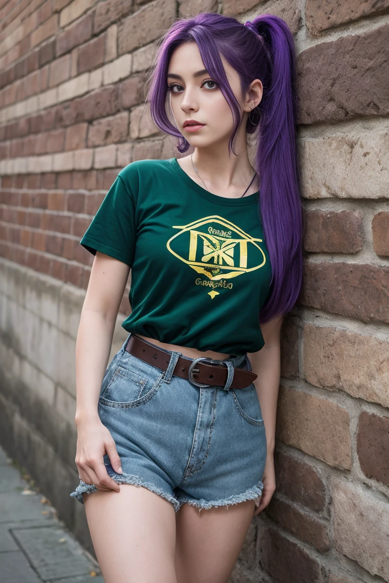 Martina,purple eyes, purple hair, Pelo muy largo, Cola de caballo, Cabello Scrunchie, Gargantilla verde, o-ring top, Camiseta, sin mangas, Capa de cintura, Pantalones cortos negros, green belt, Botas,fcRetrato