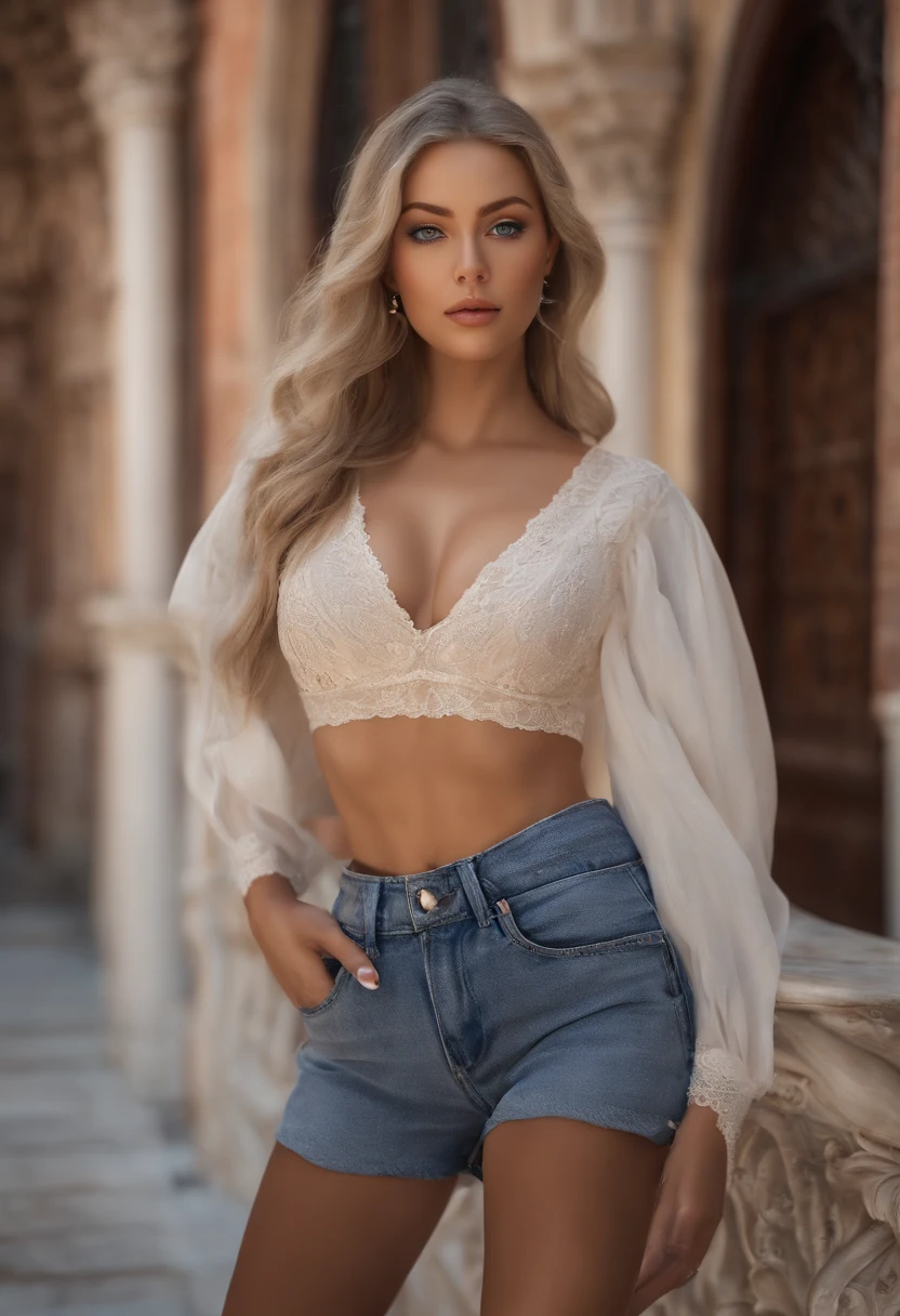 arafed woman fully , sexy girl with blue eyes, ultra realistic, meticulously detailed, portrait sophie mudd, blonde hair and large eyes, selfie of a young woman, bedroom eyes, violet myers, without makeup, natural makeup, looking directly at the camera, face with artgram, subtle makeup, stunning full body shot standing in venice, italy. Large hips, very large bust, wearing casual outfit, with sunglasses