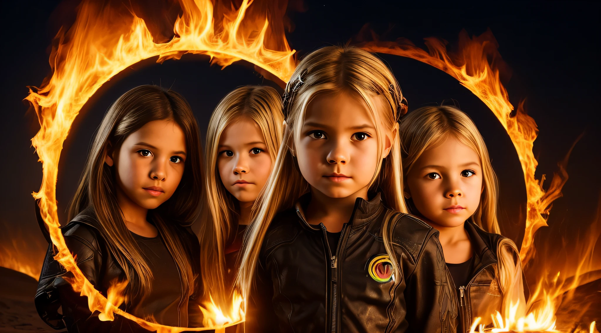 halo de fogo luminoso, there are two CHILDREN GIRLS WITH BLONDE HAIR in front of a ring of fire,