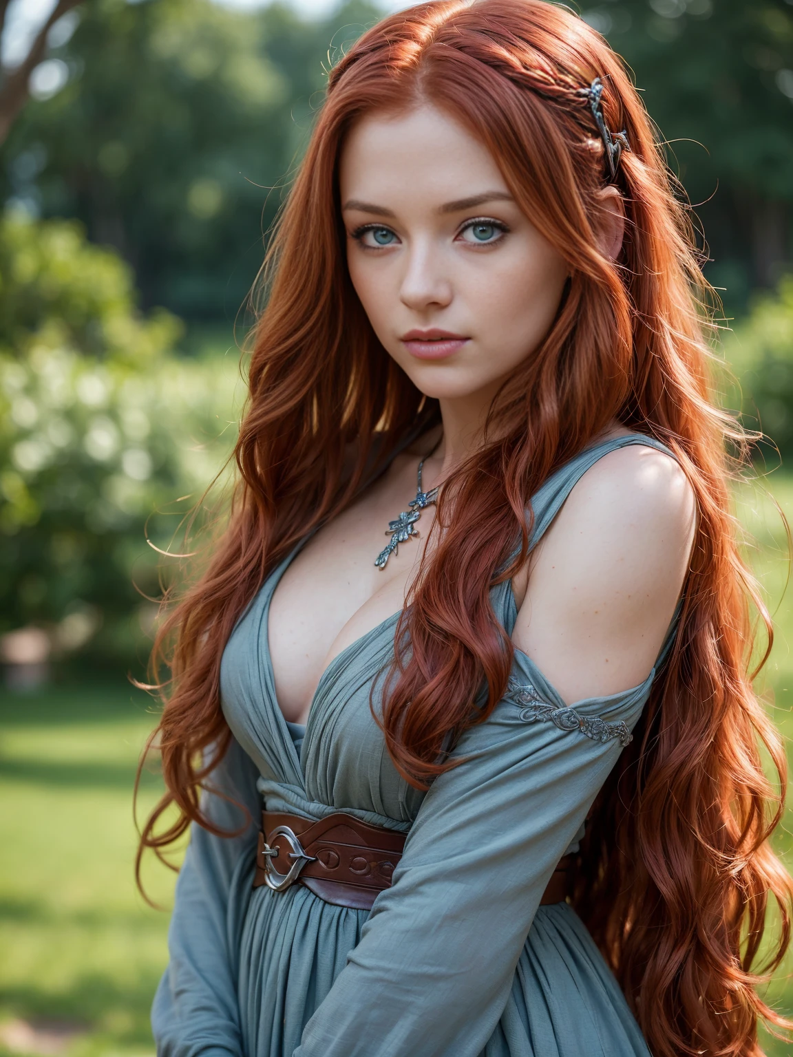 Masterpiece, (((24-year-old redhead girl with charm face, blue eyes, little smile))) soft natural light, (((focus on eyes))) (((Quinn, game of thrones, jewelry))) entire body in frame (((detailed and realistic image, full-frame DSLR camera))) polarizing filter for light control (((Nikon D850 focal lens 50mm f/1.4 nice bokeh))) eyes are in sharp focus (((RAW, ISO 100))) (((long hair))) (((accurate hands, accurate eyes))) very detailed 8k HD high definition detailed realistic, skin detailed texture (((accurate female anatomy))) (((cinematic, photography)))