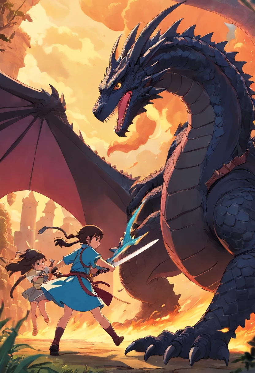 2 knght girls in armour fighting a big Black Dragon