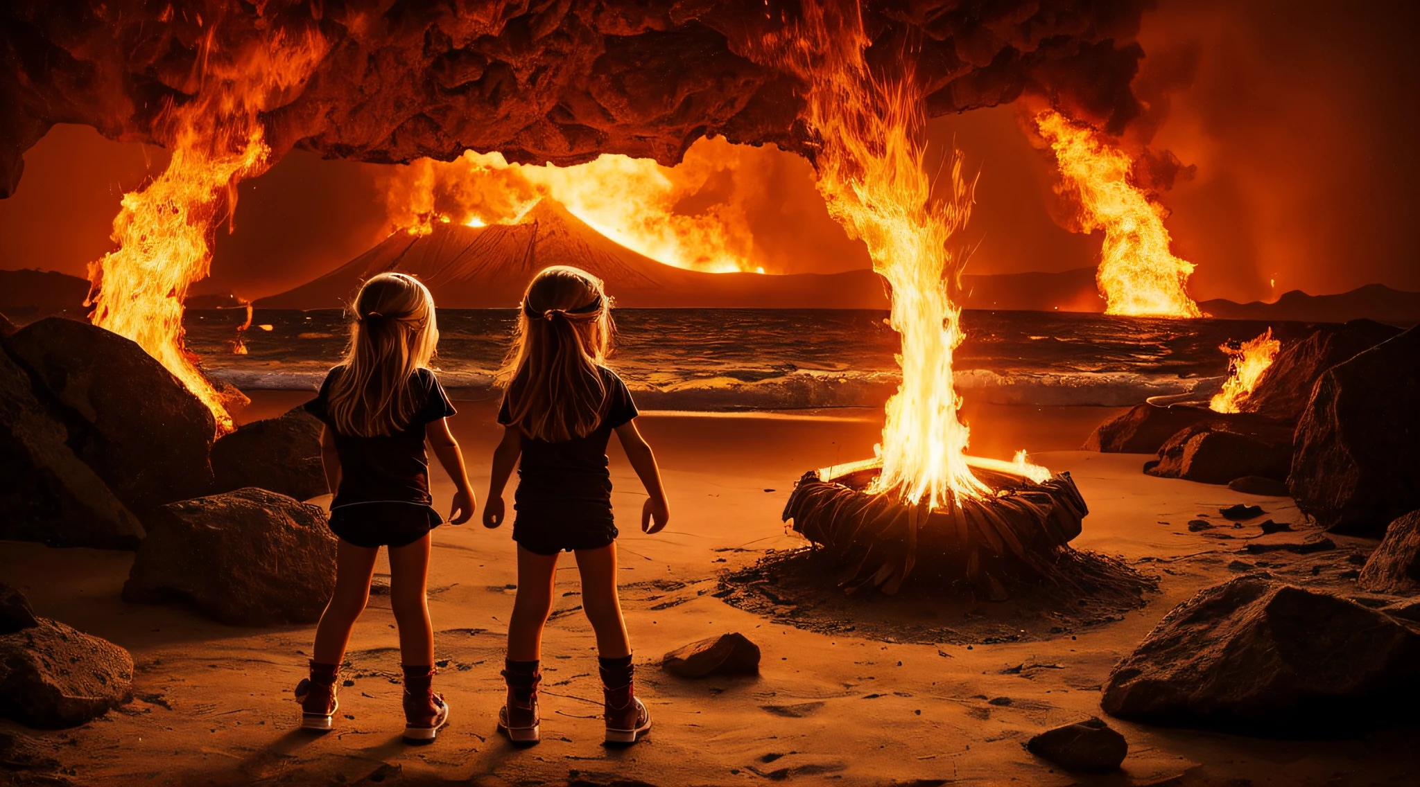 halo de fogo luminoso, there are two CHILDREN GIRLS WITH BLONDE HAIR in front of a ring of fire,