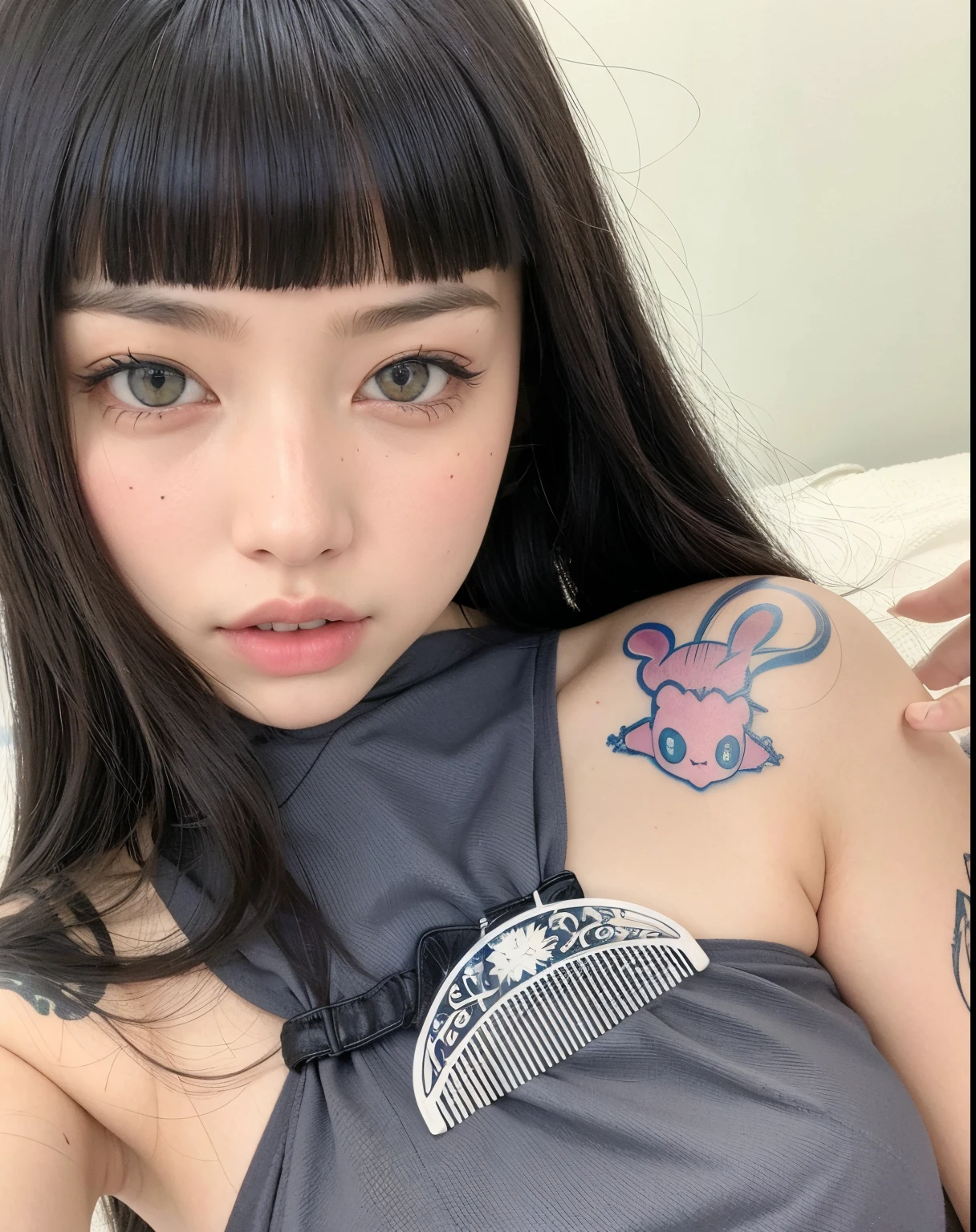 Show your chest、Upper nipple,Enlarged areola、Rabbit tattoo on left breast