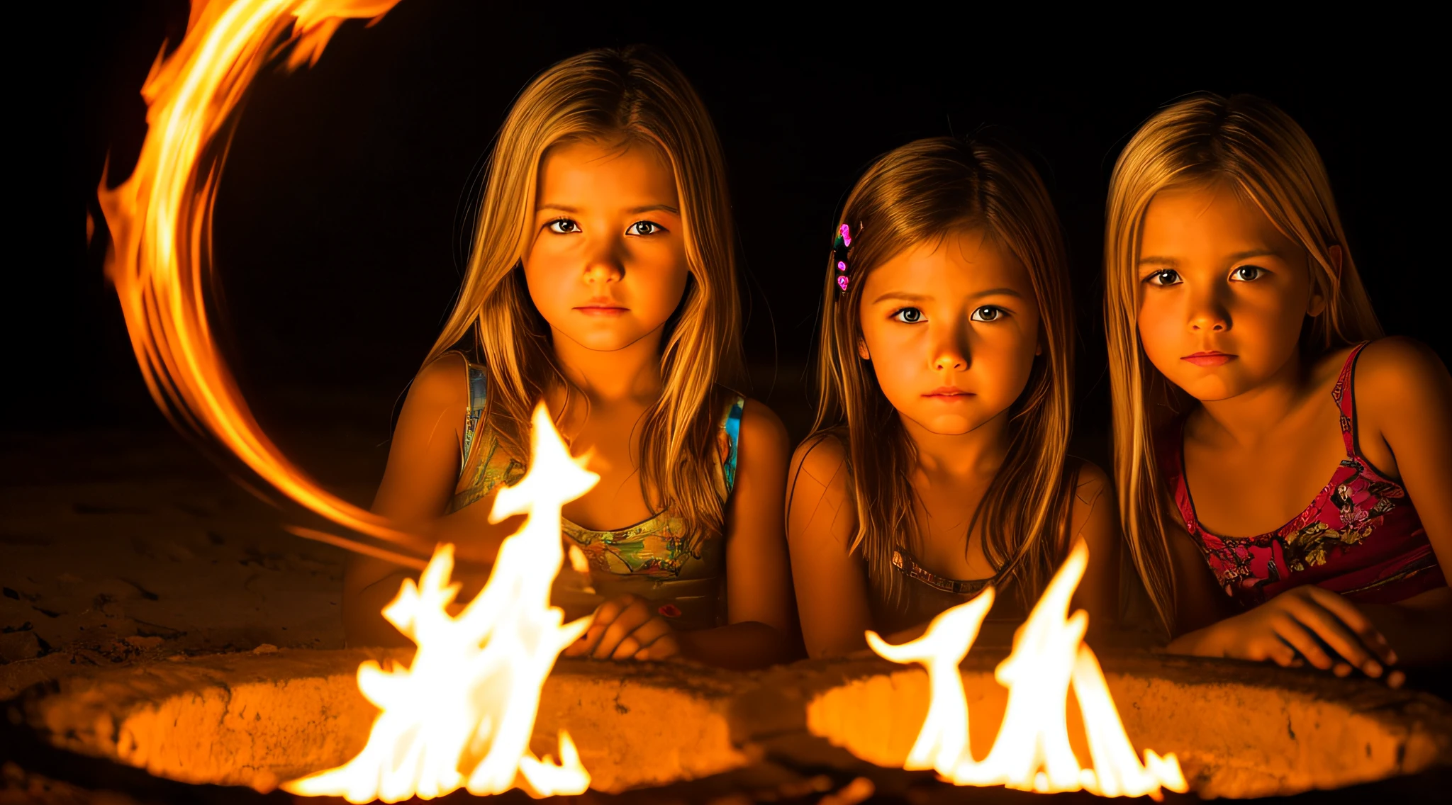 halo de fogo luminoso, there are two CHILDREN GIRLS WITH BLONDE HAIR in front of a ring of fire,